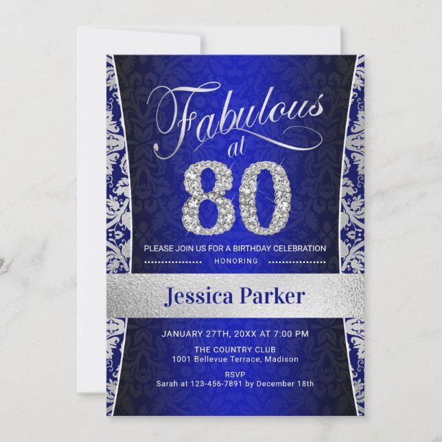 80th Birthday Party - Silver Royal Blue Invitation (Front)