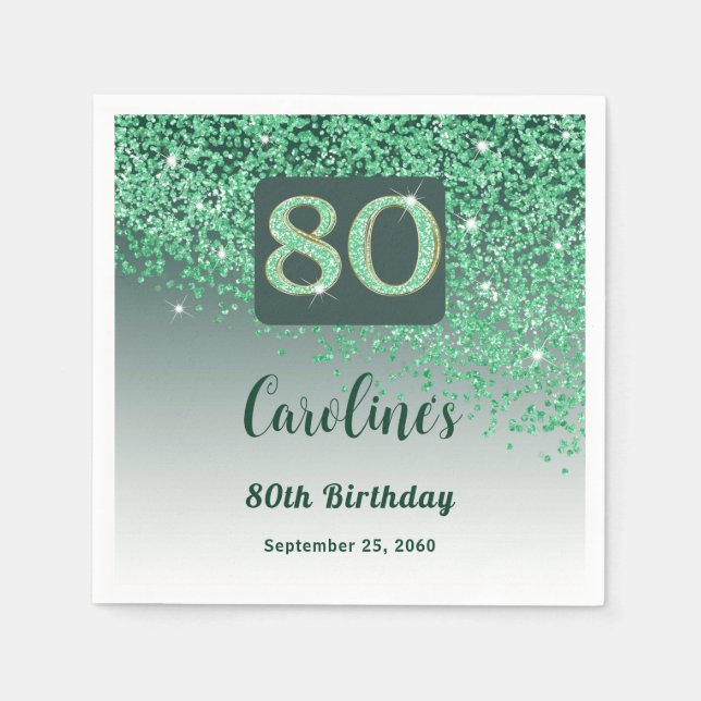 80th Birthday Party Sparkle Green Glitter Napkin (Front)