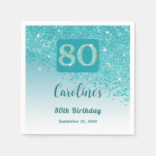 80th Birthday Party Sparkle Teal Blue Glitter Napkin