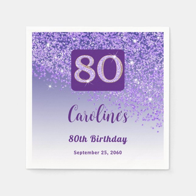 80th Birthday Party Sparkling Purple Glitter Napkin (Front)
