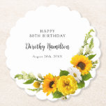 80th Birthday Party Sunflower Daisy Custom Paper Coaster<br><div class="desc">Elegant and classy yellow sunflower,  peony and white daisy floral custom paper coasters. Three lines of text let you personalise your table decor.</div>
