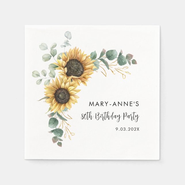 80th Birthday Party Sunflower Floral Paper Napkin (Front)