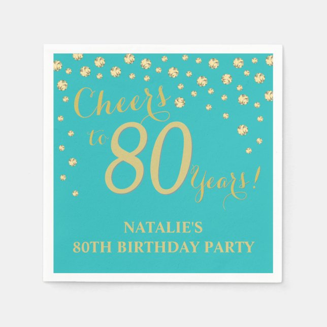 80th Birthday Party Teal and Gold Diamond Napkins (Front)