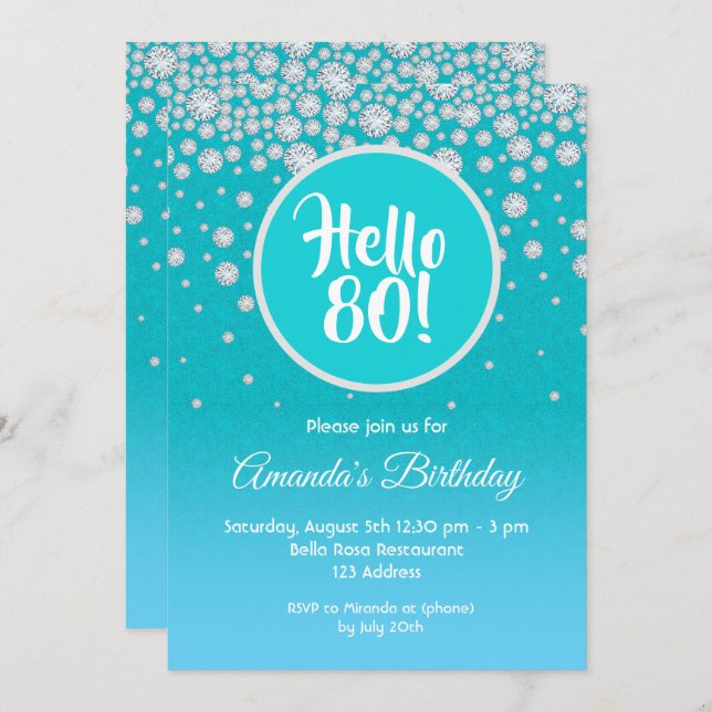 80th birthday party teal blue diamonds glitter invitation (Front/Back)