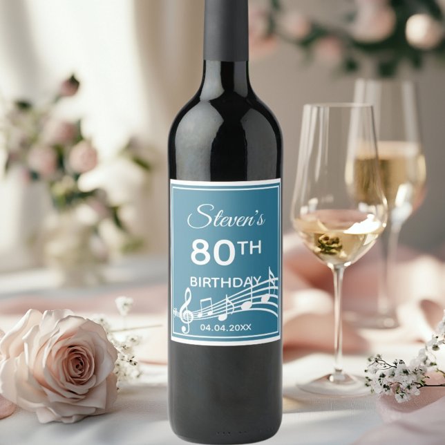 80th birthday party teal blue music notes name wine label (Creator Uploaded)