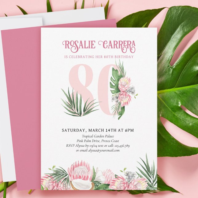 80th Birthday Party Tropical Pink Protea Number 80 Invitation (Creator Uploaded)