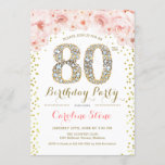 80th Birthday Party - White Gold Pink Invitation<br><div class="desc">80th Birthday Party Invitation
Elegant design in faux glitter gold,  pink and white. Stylish floral invitation with diamonds and roses. Perfect for a glam celebration. Please message me if you need further customisation.</div>