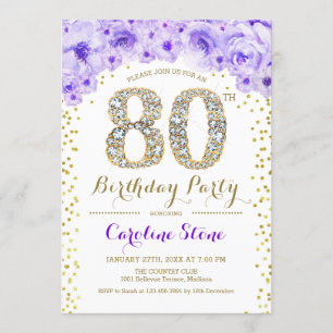 80th Birthday Party - White Gold Purple Invitation