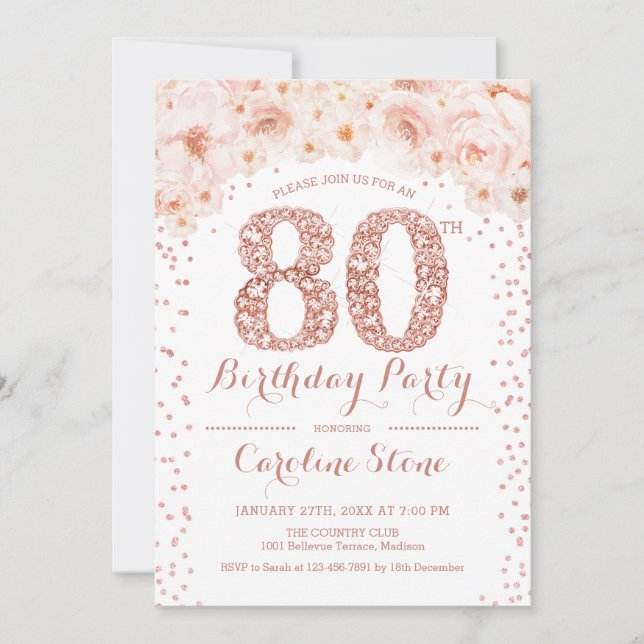 80th Birthday Party - White Rose Gold Invitation (Front)