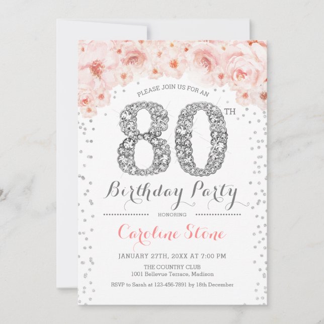 80th Birthday Party - White Silver Pink Invitation (Front)