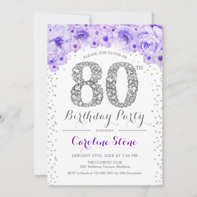 80th Birthday Party - White Silver Purple Invitation (Front)