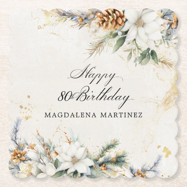 80th Birthday Party White Winter Floral Custom Paper Coaster (Front)
