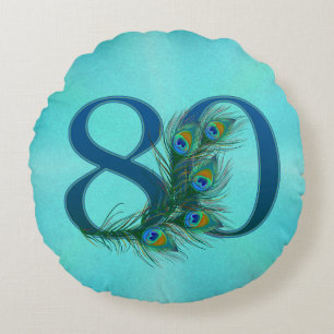 80th Birthday Peacock Feather Number Round Cushion