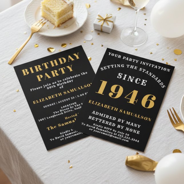 80th Birthday Personalised Black & Gold 1946 Invitation (80th birthday party invitation on a party table.)