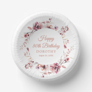 80th Birthday Personalised Burgundy Pink Floral Paper Plate