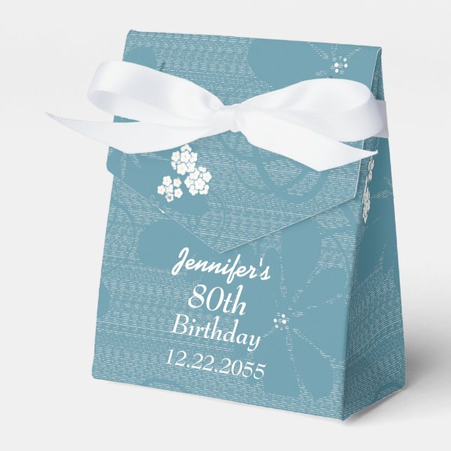 80th Birthday, Personalised Favour Box, Blue Flora Box (Front Side)