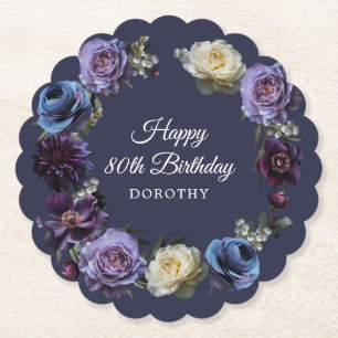 80th Birthday Personalized Moody Purple Flower  Paper Coaster