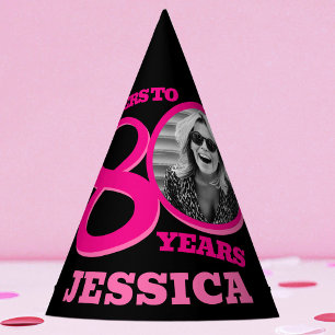 80th birthday personalized photo pink black party hat