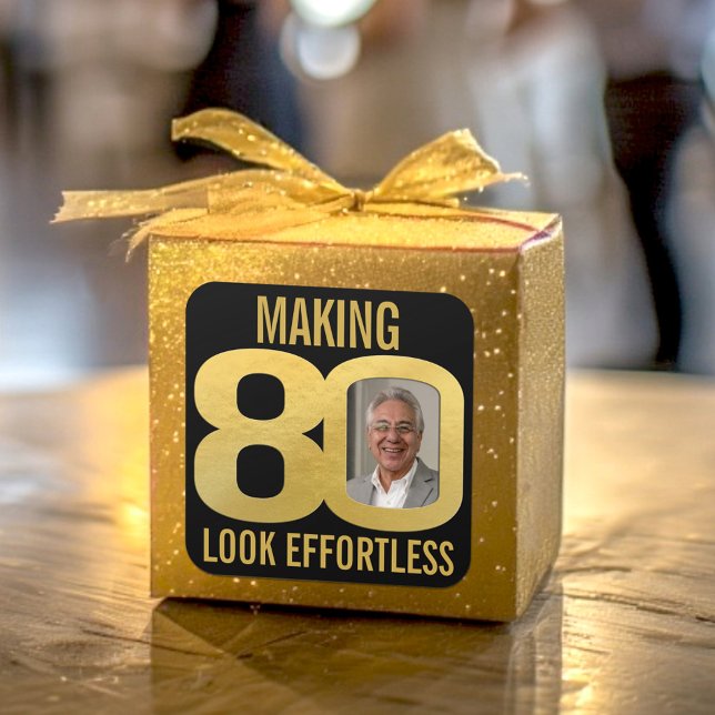80th birthday photo black and gold effortless square sticker (Creator Uploaded)