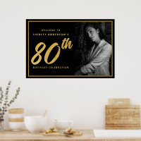 80th Birthday Photo Black Faux Gold Leaf Elegant
