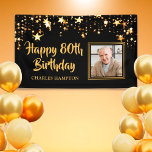 80th Birthday Photo Black Gold Stars Personalised Banner<br><div class="desc">Celebrate any age birthday (shown for 80th) with this black and gold themed banner with gold stars, one photo and HAPPY # BIRTHDAY in a modern, brush script font and personalised with their name. The title is editable to change to any age birthday. BANNER OPTIONS: The sample is shown in...</div>