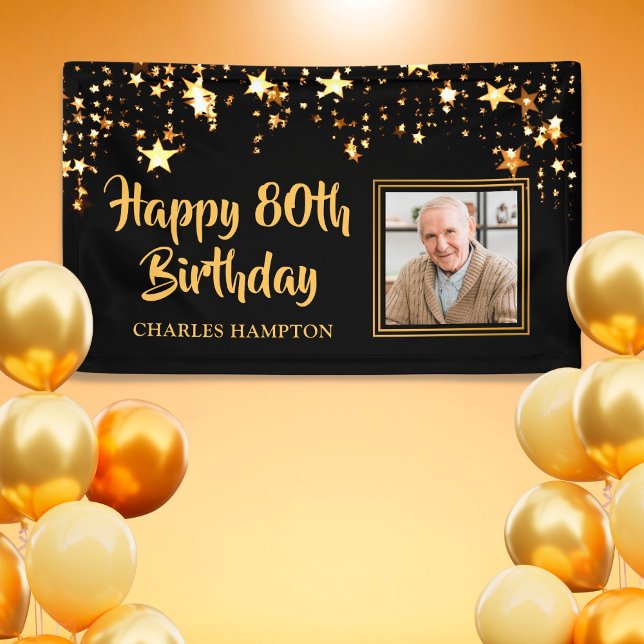 80th Birthday Photo Black Gold Stars Personalised Banner (Creator Uploaded)