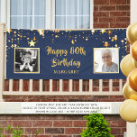 80th Birthday Photo Blue Gold Stars Personalised Banner<br><div class="desc">Honour and celebrate any age birthday (shown for an 80th birthday) and/or welcome party guests with this banner sign featuring two photos (perhaps THEN and NOW photos) and your custom text in your choice of font styles and colours and background colour in EDIT (shown with HAPPY # BIRTHDAY NAME) with...</div>