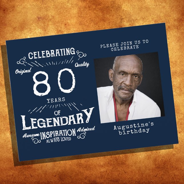 80th Birthday Photo Blue Vintage Birthday Invites Postcard (Creator Uploaded)