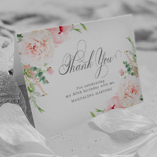 80th Birthday Photo Blush Pink Floral Folded Thank You Card