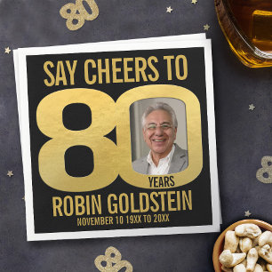 80th birthday photo cheers black and gold napkin