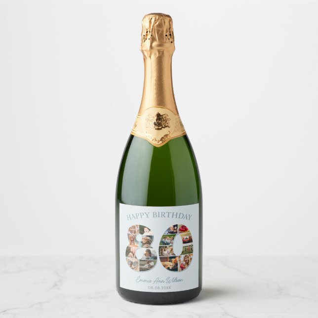 80th Birthday Photo Collage Elegant and Timeless Sparkling Wine Label (Front)