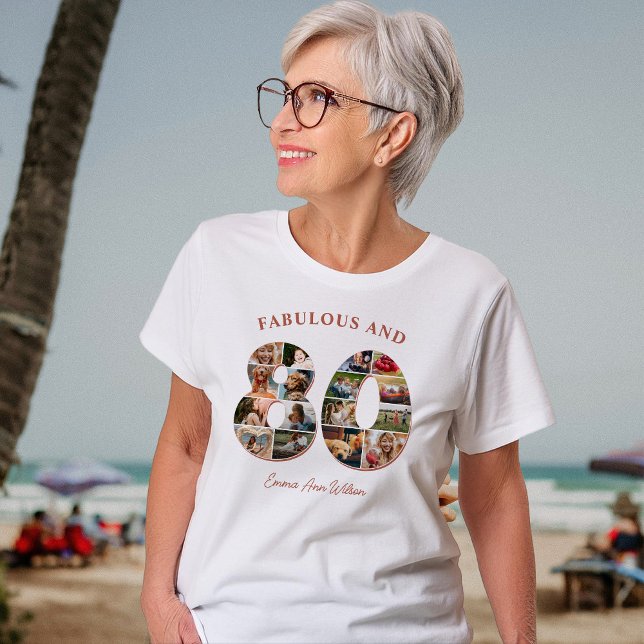 80th Birthday Photo Collage Elegant and Timeless T-Shirt (Creator Uploaded)
