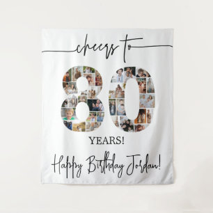 80th Birthday Photo Collage Welcome Banner Tapestry