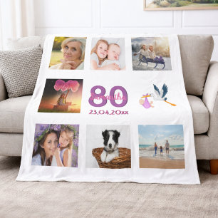 80th birthday photo collage white fleece blanket