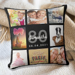 80th birthday photo collage woman black cushion<br><div class="desc">A unique gift for a womans 80th birthday, celebrating her life with a collage of 8 of your own photos, pictures. Personalise and add her name, age 80 and a date. A chic black background. Grey and white letters and numbers. The name is written with a modern hand lettered style...</div>