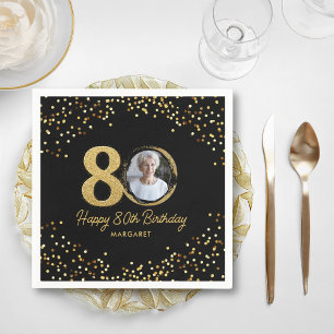 80th Birthday Photo Elegant Black Gold Glitter Napkin