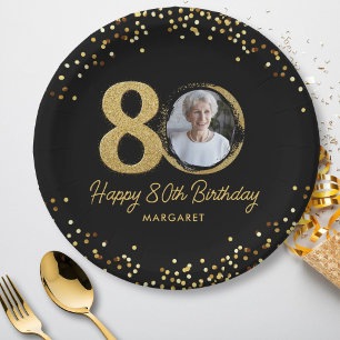 80th Birthday Photo Elegant Black Gold Glitter Paper Plate