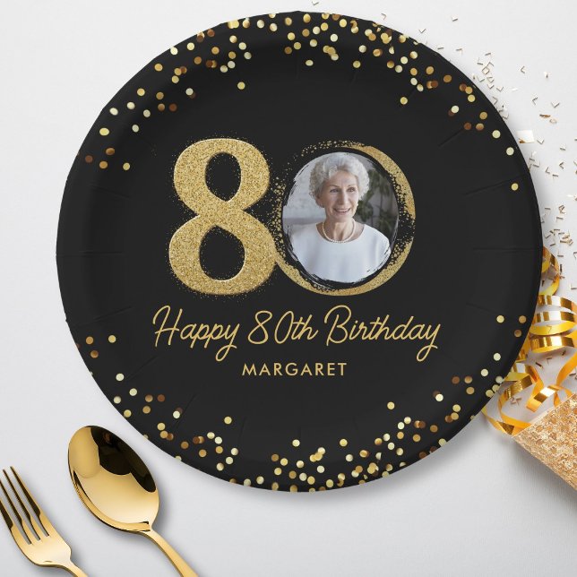 80th Birthday Photo Elegant Black Gold Glitter Paper Plate (Creator Uploaded)