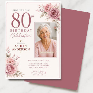 80th Birthday Photo Floral Dusty Pink Invitation