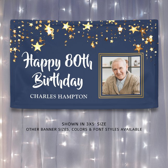 80th Birthday Photo Gold Stars Blue Personalised Banner (Creator Uploaded)