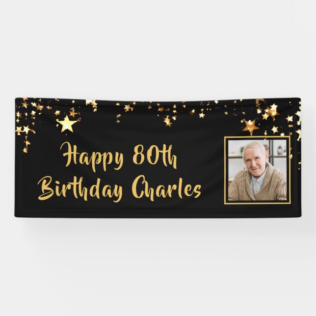 80th Birthday Photo Gold Stars Personalised Black Banner (Horizontal)