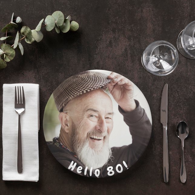 80th birthday photo hello 80 guys men paper plate (Creator Uploaded)