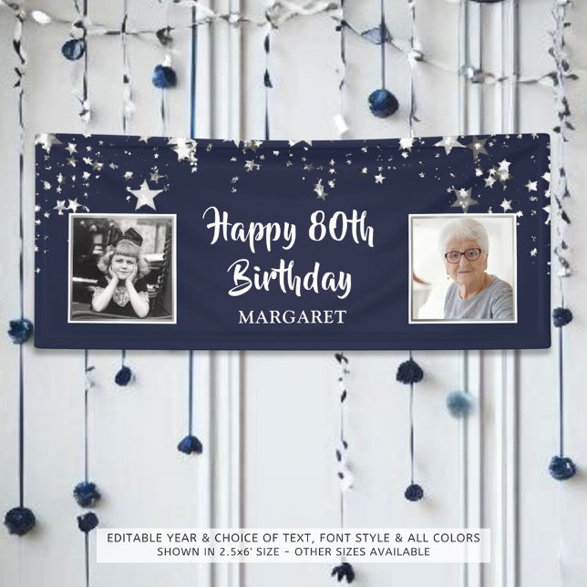 80th Birthday Photo Navy Silver Stars Personalised Banner (Creator Uploaded)