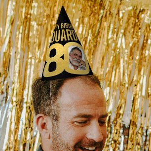 80th birthday photo personalised black and gold party hat