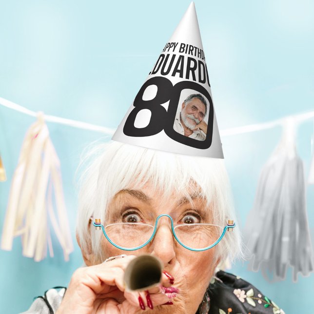 80th birthday photo personalised white black mono party hat (Creator Uploaded)