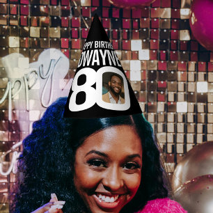 80th birthday photo personalised white black party hat