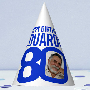 80th birthday photo personalized white blue party hat