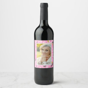 80th birthday photo pink botanical pattern wine label