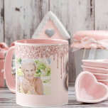 80th birthday photo pink rose gold glitter balloon mug<br><div class="desc">A gift for 80th birthday. A blush pink background decorated with elegant rose gold coloured faux glitter drips,  paint dripping look. Personalise and add your own photo of the birthday girl. Number 80 is written with a trendy balloon style font.</div>