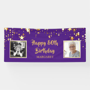 80th Birthday Photo Purple Gold Stars Personalised Banner